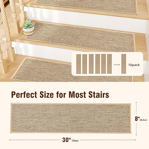 Deerly Linen Stair Treads Non Slip 10pcs Comfortable Stair Runner for Wooden Steps Peel and Stick Stairs Carpet Treads Indoor Staircase Covers Mat with Self-Adhesive Backing for Pets Kids 8"X30" Beige