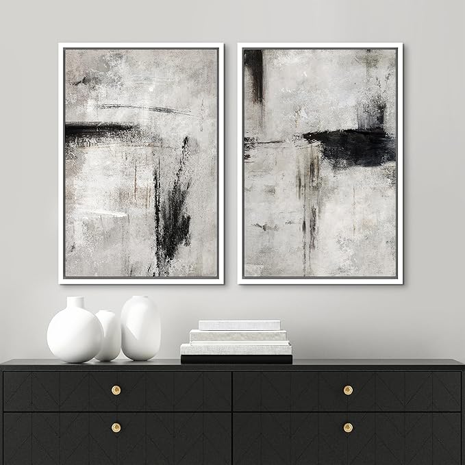 MUDECOR Framed Canvas Print Wall Art Grey Black Abstract Shape Illustrations Modern Art Decorative Bohemian Colorful Chic for Living Room, Bedroom, Office - 16"x24"x2 White