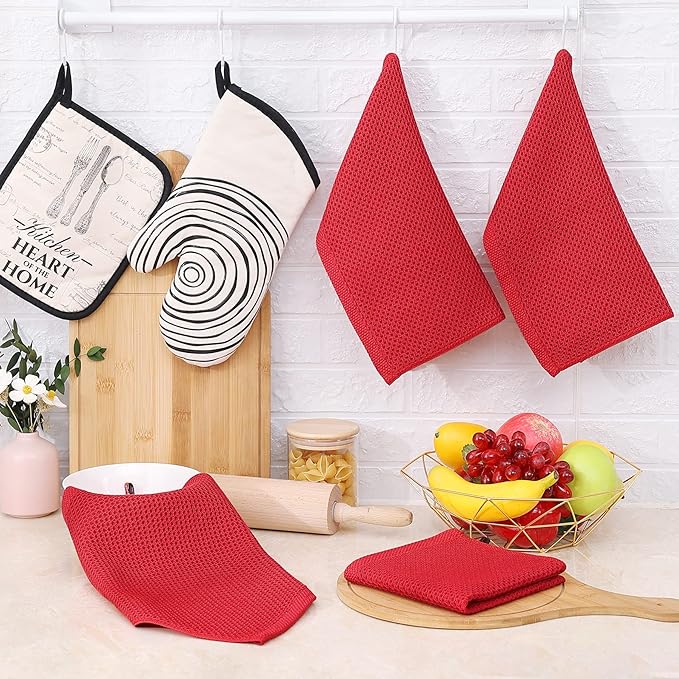Homaxy 100% Cotton Waffle Weave Kitchen Dish Towels, Ultra Soft Absorbent Quick Drying Cleaning Towel, 13 x 28 Inches, 12-Pack, Red