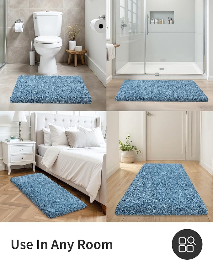 ILANGO Blue Bathroom Rugs 36" × 24" Non Slip & Super Absorbent Extra Thick Soft, Washable Bath Mat for Floor, Microfiber Plush Shaggy Bath Rug with Rubber for Bathtub Shower Room Sink