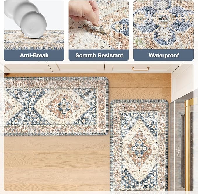 KIMODE Kitchen Rugs and Mats 2PCS Cushioned Anti Fatigue Kitchen Mat Non-Skid Waterproof Kitchen Runner Rug for Kitchen Decor,Floors,Office,Laundry,Blue and Gold