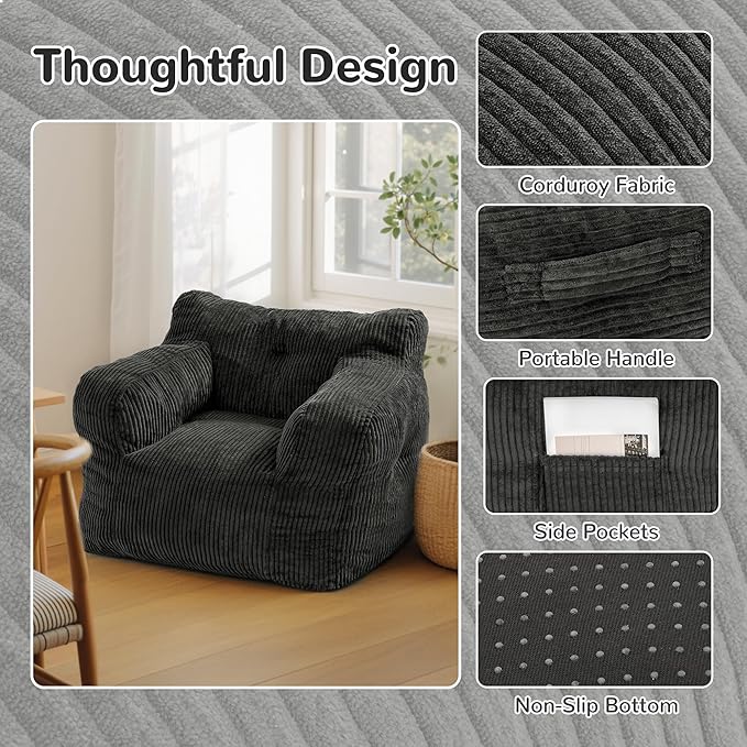 32" Bean Bag Chair,Loveseat Sofa,Corduroy Lazy Sofa Bed for Adults,Fit Living Room, Bedroom,Outdoor Spaces,Ultra Soft Dutch Velvet,Fluffy Comfort Washable Cover,72h Rebound,Black