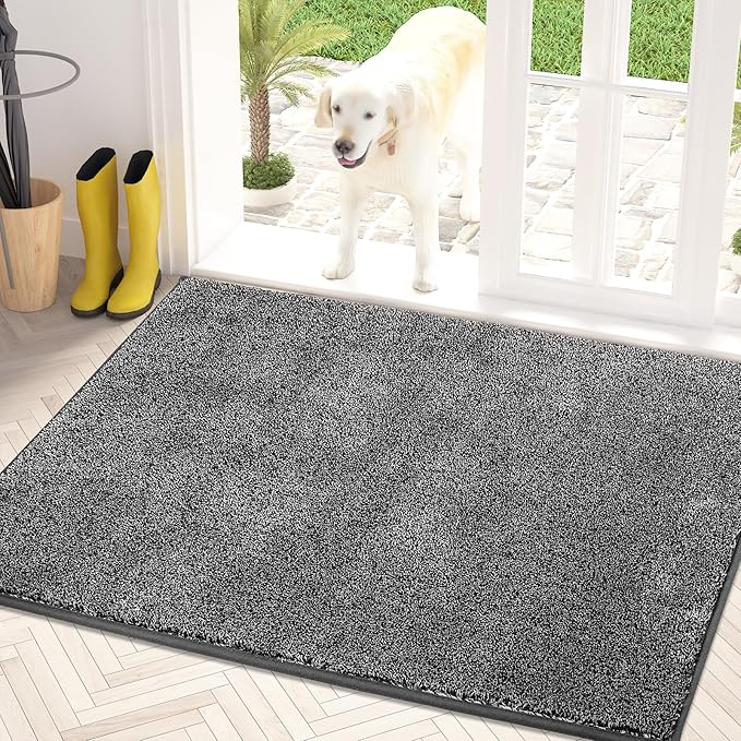 PURRUGS Dirt Trapping Door Mat 31.5" x 47", Non-Slip Machine Washable Entry Rug, Shoe Scraper, Dog Doormat, Super Absorbent Welcome Mat for Front & Back Door, Muddy Shoes & Paws,Light Grey-Dark Grey