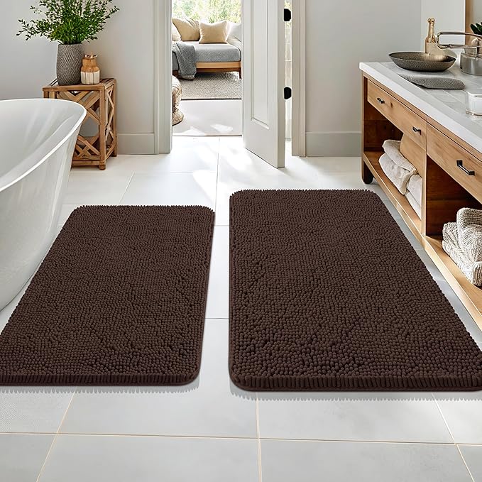 OLANLY Bathroom Rugs Sets 2 Piece, Soft Absorbent Chenille Bath Mats Area Rug Set, Non-Slip, Quick Dry, Machine Washable Bath Mats for Bathroom, Home Decor Accessories (36"x24"+30"x20", Brown)