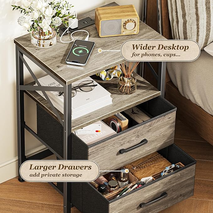 Huuger Nightstands Set of 2, Night Stand with Charger Station, 2 Drawer Side Table with Open Shelf, USB-C Port, End Table for Small Spaces, X Shaped Side Rail, Oak