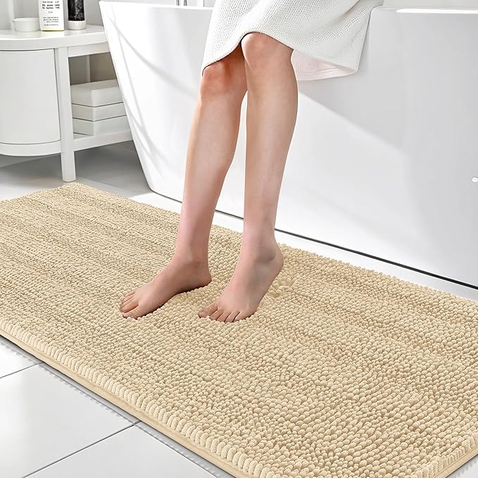 OLANLY Thick Bathroom Rugs 70x24, Extra Soft Absorbent Chenille Striped Bath Rugs, Rubber Backing, Machine Wash Dry, Bath Mats for Bathroom Floor, Tub and Shower, Home Decor Accessories, Beige