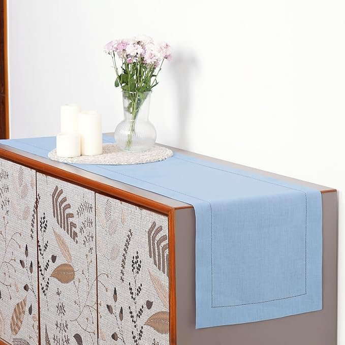 D'Moksha Homes Linen Powder Blue Table Runner 108 Inches Long - 100% Pure Linen 14 x 108 Inch Table Runner for Spring, Easter - Classic Hemstitch