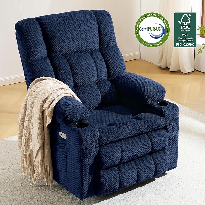 MCombo Dual Motor Large Power Lift Recliner Chair for Elderly, Lay Flat Lift Chair with Heat and Massage, Big Lift Recliner for Tall People, Cup Holders, Fabric 7896 (Large, Navy Blue)