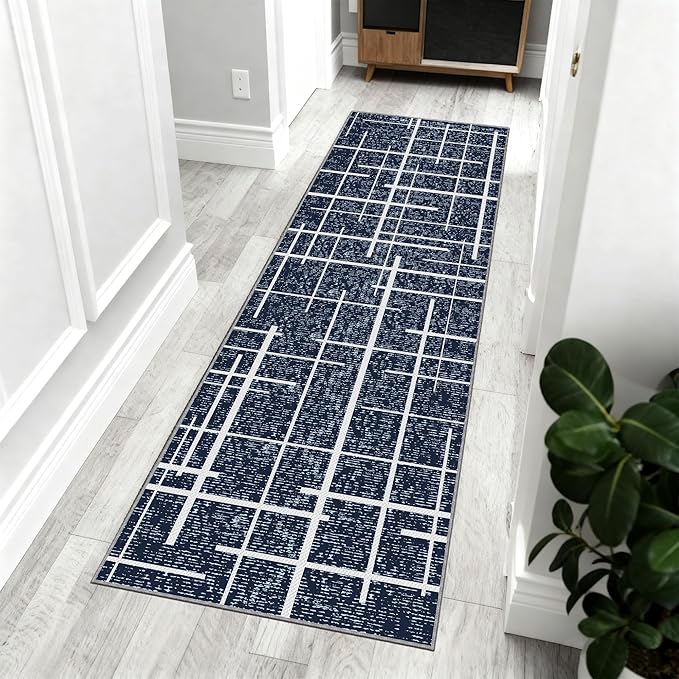 Washable Runner Rug 2x6, Blue Modern Distressed Stripe, Kitchen Runner Rug Non Slip, Woven Thin No Shed Runners for Entryway, Kitchen, Laundry Room- Blue
