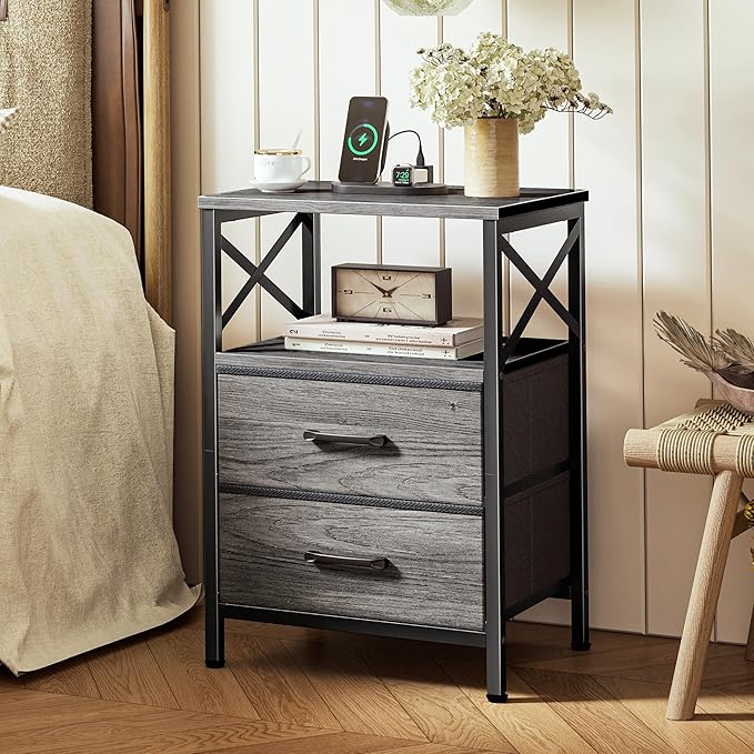 Huuger Nightstands Set of 2, Night Stand with Charger Station, 2 Drawer Side Table with Open Shelf, USB-C Port, End Table for Small Spaces, X Shaped Side Rail, Grey