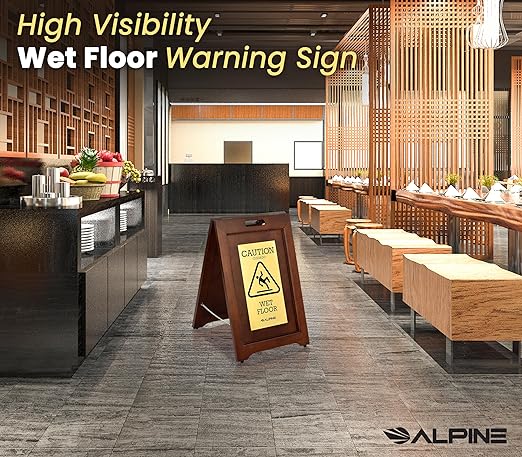 Wooden Caution Wet Floor Sign Slippery A-Frame with Bold Bilingual Safety Message, High-Grade Wood Finish, Brass-Plated for Restaurants, Offices, Hospitality & Retail Centers By Alpine Industries