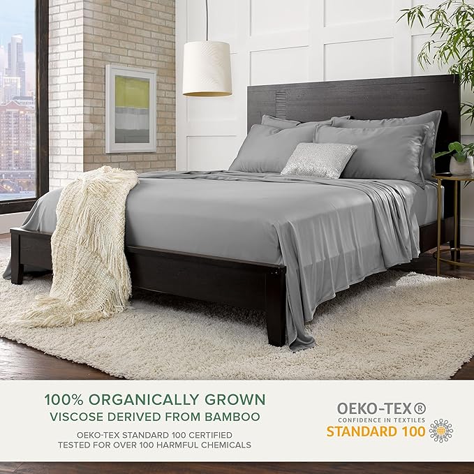 Pure Bamboo Twin Sheets, Genuine 100% Organic Viscose Derived from Bamboo Bed Sheet Set, Luxuriously Soft & Cooling, Double Stitching, 2 Year Quality Promise (Twin, Stone Grey)