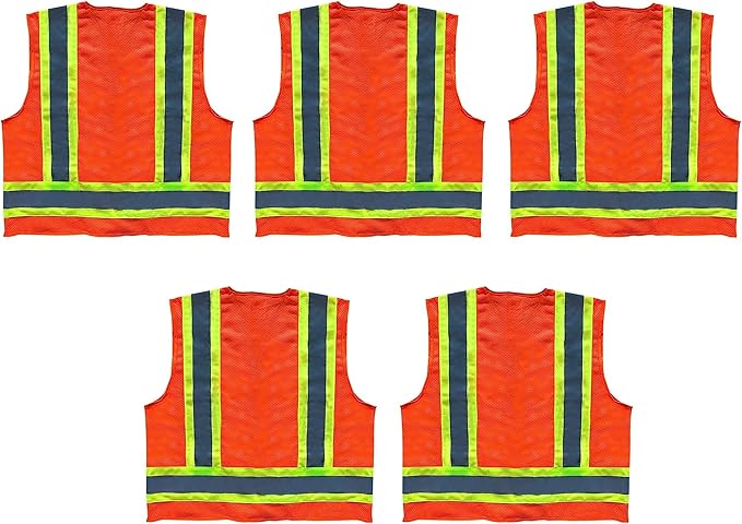 Premium High Visibility Surveyor Vest Solid Front Mesh Back, 5 Pack