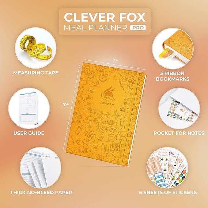 Clever Fox Meal Planner PRO – Weekly Meal Prep Journal with Grocery List & Weigh Loss Tracker – Diet, Fitness & Welness Log Book – Nutrition Diary Notebook – Lasts 12 Months, 7x10” (Amber Yellow)