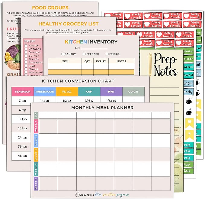 Life & Apples Meal Planner with Grocery List – Undated Weekly Menu & Meal Prep Notebook for Women & Men, Healthy Eating & Weight Loss Planner, 52-Week Spiral Bound Journal, Forest