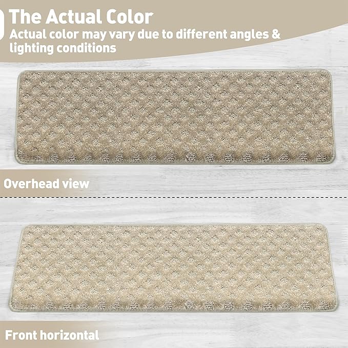 PURE ERA Bullnose Carpet Stair Treads Tape Free Non-Slip Indoor Stair Protectors Pet Friendly Stair Treads for Wooden Steps 9.5" x 30"(2 Pieces,Cream Gray Mini-Diamond Trellis)