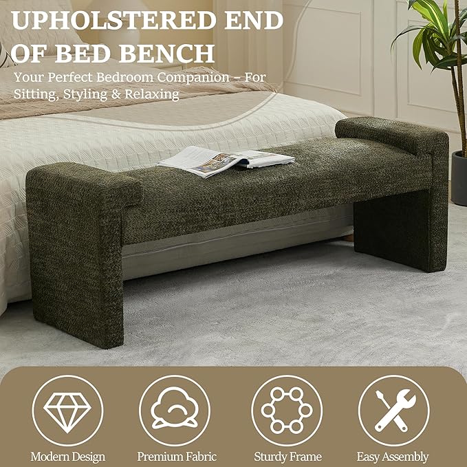 58.7" End of Bed Bench Upholstered Modern Bedroom Bench for Living Room & Entryway, Easy Assembly, Footrest Ottoman Accent Window Bench with Solid Wood Frame & Curved Arm, Green