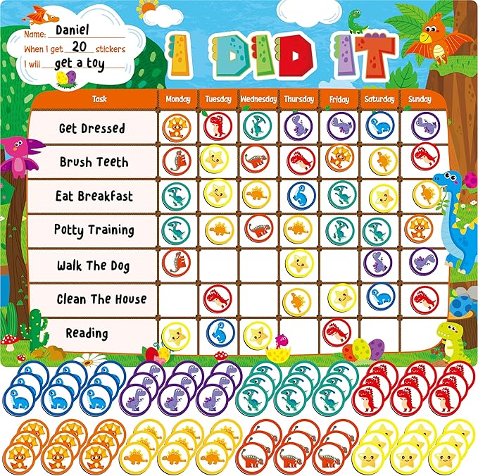Magnetic Reward Chart, Dry Erase Task Board-One Chart & 72 Magnetic Reward Magnets, Dinosaur Theme Behavior Tracker for Daily Routine, Potty Training