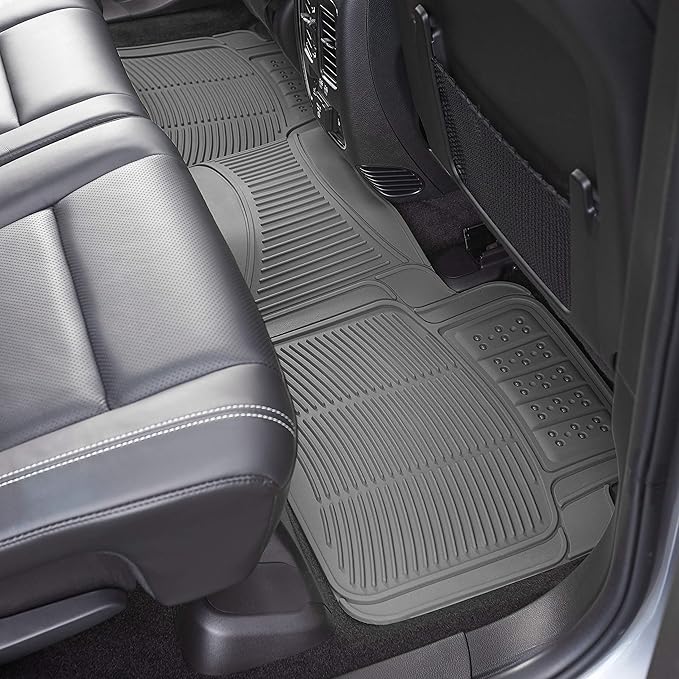 Amazon Basics Universal PVC Faux Rubber Car Floor Mats, All Weather Protection, Waterproof Flexible Trim to Fit for 95% Automotive SUV Sedans Trucks, Charcoal Pure Grey Solid Gray, Pack of 3
