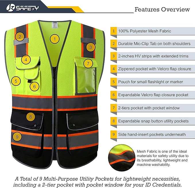 JKSafety 9 Pockets High Visibility Dual Color Zipper Front MESH Lite Safety Vest | Orange Color Triming Reflective Strip | ANSI/ISEA Standards (100-Yellow-Black, M)