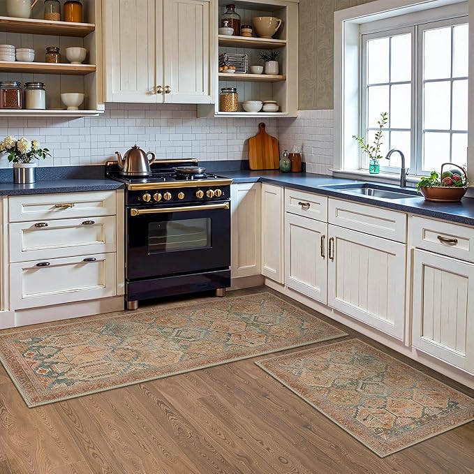 GENIMO Kitchen Mats for Floor Set of 3 Non-Slip Washable, Waterproof Lightweight Kitchen Rugs, Kitchen Floor Mat Runner Rug Carpet for Laundry, Sink, Hallway, Bathroom, Entryway, Clay