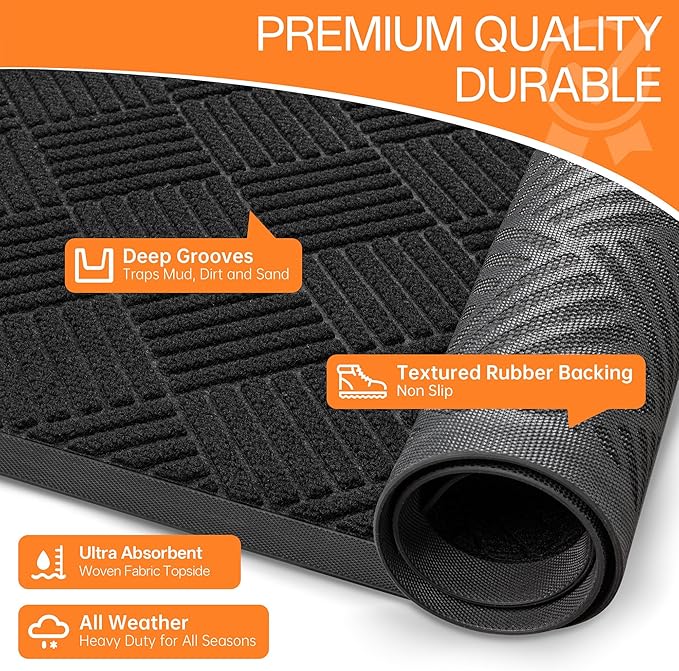 Indoor Outdoor Door Mat, 4’x 3' Doormat for Entryway, Rubber Backing Non Slip Front Door Mat Outside Entrance, Super Absorbent Commercial Floor Mat for Home Office, Black
