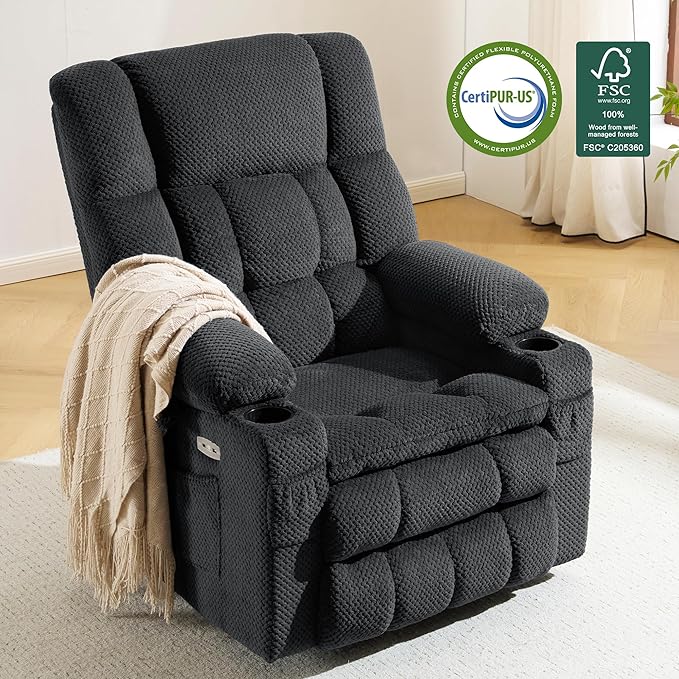 MCombo Dual Motor Large Power Lift Recliner Chair for Elderly, Lay Flat Lift Chair with Heat and Massage, Big Lift Recliner for Tall People, Cup Holders, Fabric 7896 (Large, Dark Gray)