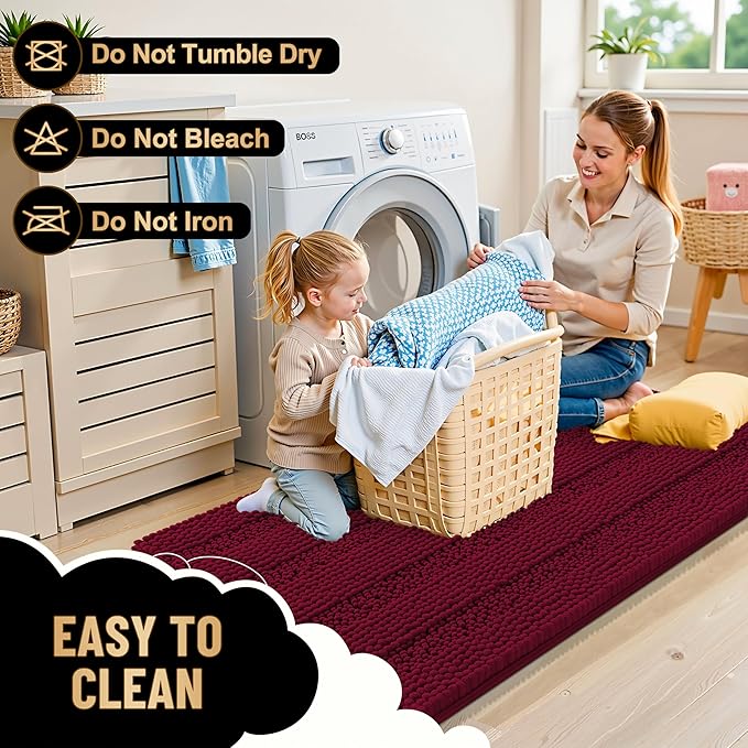 OLANLY Thick Bathroom Rugs 30x20, Extra Soft Absorbent Chenille Striped Bath Rugs, Rubber Backing, Machine Wash Dry, Bath Mats for Bathroom Floor, Tub and Shower, Home Decor Accessories, Burgundy