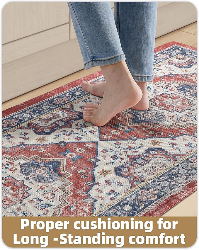 Color&Geometry Kitchen Floor Mats Anti Fatigue, Cushioned Boho Rugs,Waterproof Non Slip Kitchen Runner for Sink, Standing Mats for Office,24"x59",Red