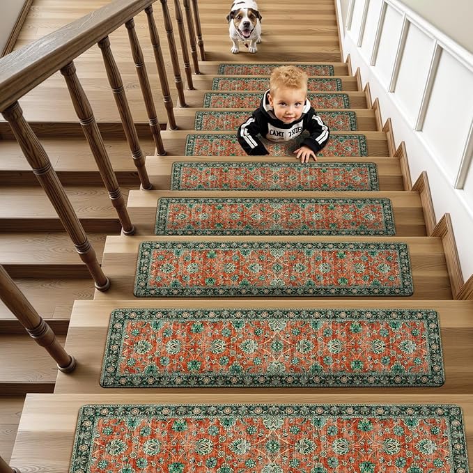 OJIA Vintage Stair Treads Non-Slip Stair Runners for Wooden Steps Indoor 15PCS 30"x8" Carpet Stair Treads Stair Mats Staircase Step Treads for Kids, Elders and Dogs, Stair Covers, Red