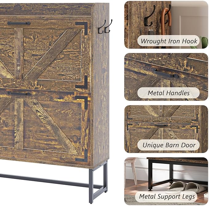 Narrow Shoe Storage Cabinet, Hidden Shoe Cabinet with 4 Wooden Legs,31.5" W Farmhouse Style Freestanding Shoe Rack, Rustic Brown Shoe Cabinet with 2 Flip Drawers for Entryway, Hallways