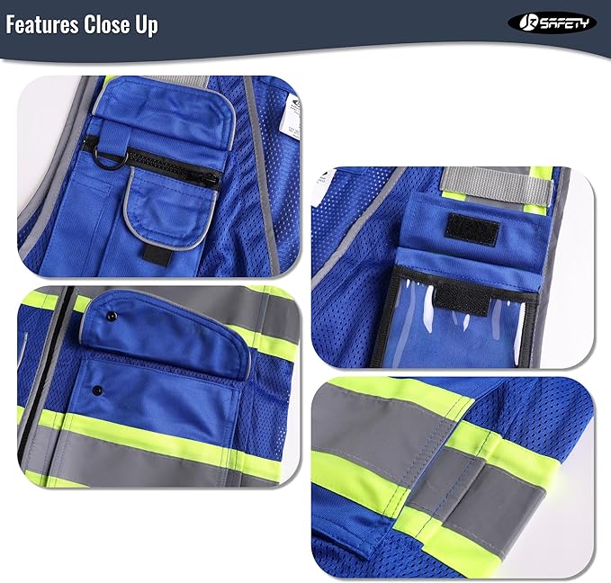 JKSafety 11 Pockets Hi-Vis Blue Mesh Safety Vest for Men Women High Visibility Reflective Construction with Zipper Work Utility PPE Work Gear ANSI/ISEA compliant (102-Blue XXL)