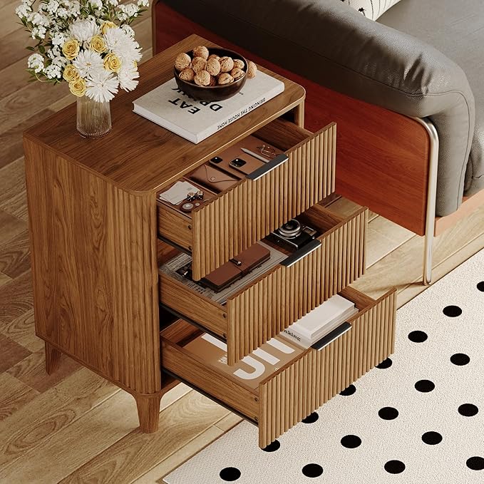 23.6" Mid Century Modern Night Stand with 3 Drawers, Large 3 Drawers Bedside Table with Quiet Drawers & Metal Handles, Fluted 3-Drawer Dresser Rustic Wood 3 Drawer Storage End Table Bedroom Walnut