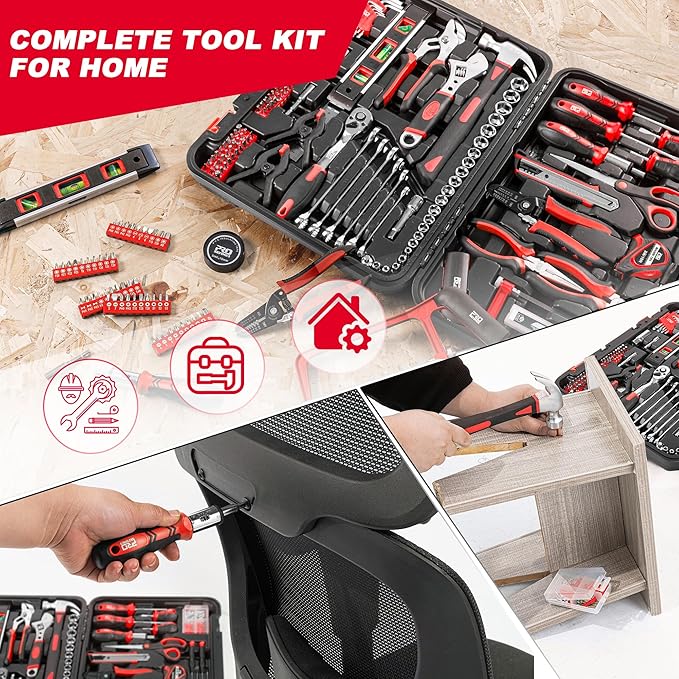 Prostormer 259-Piece Tool Kit, General Household Hand Tool Set with Plastic Storage Toolbox, Portable Complete Repair Tool Box for Home and Car (Red)
