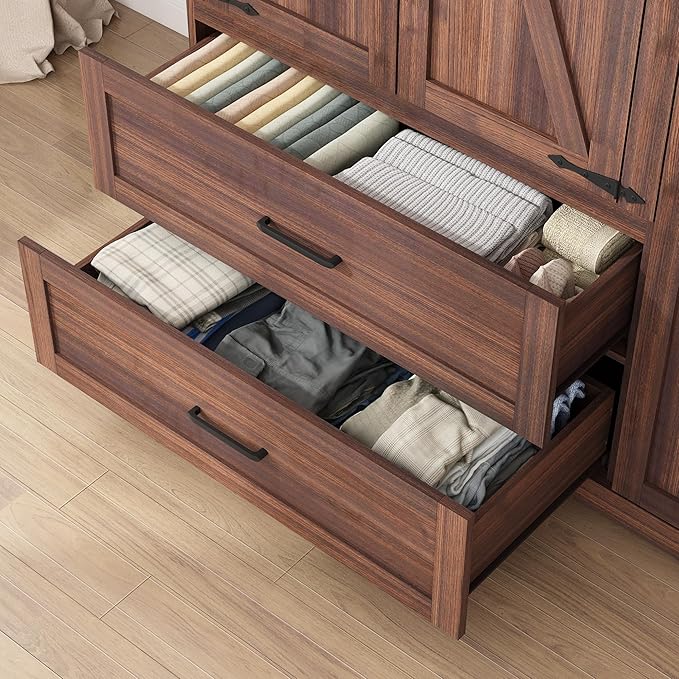 3 Doors Wardrobe Armoire Closet with Doors and Drawers, Farmhouse Wooden Armoire Storage Cabinet with Shelves & Hanging Rod for Bedroom, Brown
