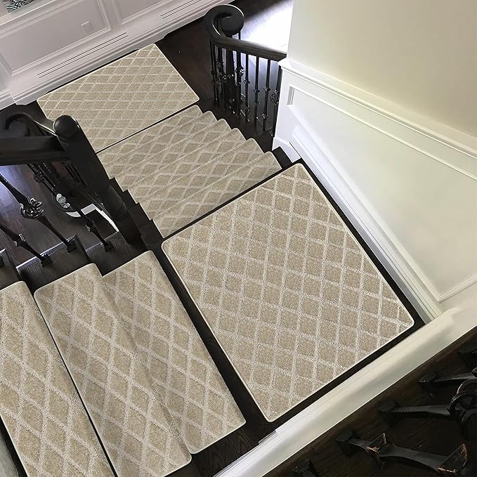 PURE ERA Bullnose Carpet Stair Treads Tape Free Non-Slip Indoor Stair Protectors Pet Friendly Stair Treads for Wooden Steps 9.5" x 30"(2 Pieces, Cream Gray Diamond Trellis)