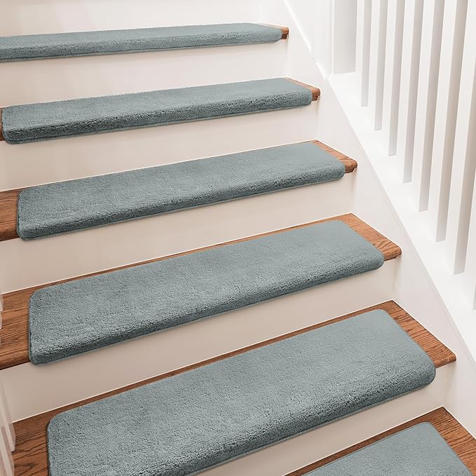 PURE ERA Carpet Stair Treads Ultra Plush 9.5" X 30"Soft Bullnose Indoor Stair Protectors Pet-Friendly Non-Slip Skid Resistant Tape Free Washable Reusable(14 Pieces,Greenish Gray)