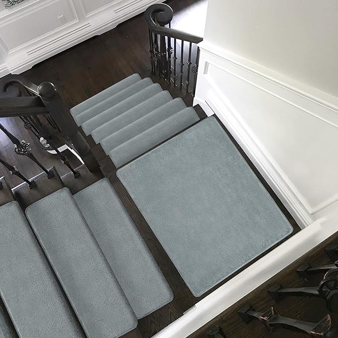 PURE ERA Carpet Stair Treads Ultra Plush 9.5" X 30"Soft Bullnose Indoor Stair Protectors Pet-Friendly Non-Slip Skid Resistant Tape Free Washable Reusable(2 Pieces,Greenish Gray)