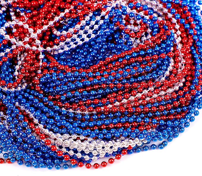Moon Boat 4th of July Accessories Necklaces: Blue White and Red Beads Bulk, Patriotic Party Independence Memorial Day Favors Toys Decorations, 100 Pieces
