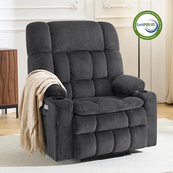 MCombo Oversized Power Lift Recliner Chair for Elderly, Dual Motor Lift Chair with Heat and Massage, Lay Flat Lift Chair for Big and Tall, Cup Holders, Fabric R7891 (Oversize, Dark Gray)