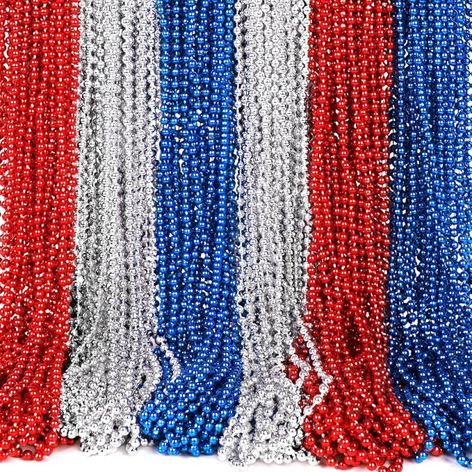 Moon Boat 4th of July Accessories Necklaces: Blue White and Red Beads Bulk, Patriotic Party Independence Memorial Day Favors Toys Decorations, 100 Pieces