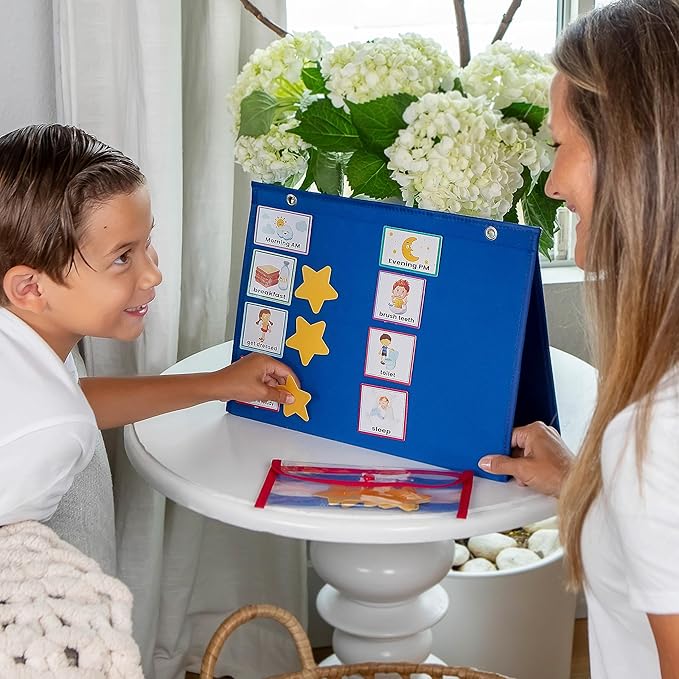 Large Visual Schedule for Kids with Autism - Morning Bedtime Routine Daily Calendar for Kids with 72 Activity, 10 Blank Cards & 15 Stars- Wall Communication Chore Chart Responsibility Planner