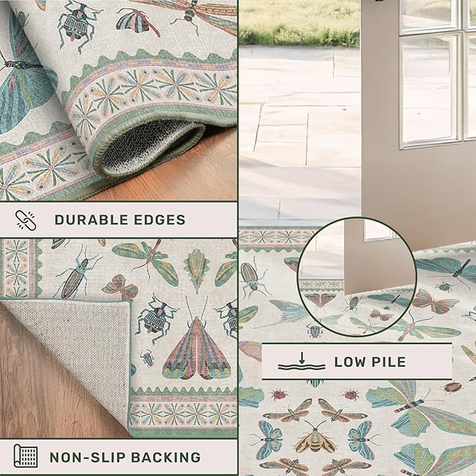 7x9 Green Butterfly Rugs for Kids Bedroom - Washable Insect Area Rug for Living Room, Dining Room Under Table, Boho Girls Room Décor, Low Pile Stain Resistant Carpet