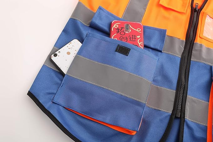 A-SAFETY Reflective Safety Vest, Hi Vis 9 Pockets High Visibility Zipper Front Safety Vest, Orange&Blue Color Mixed, L