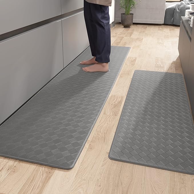 Color&Geometry Anti Fatigue Cushioned Checkered Designed Kitchen Mats Set, Easy Clean, Waterproof & Oil Proof Kitchen Floor Mat, Anti Slip Runner for Front Sink Comfort Standing,17x29+17x59,Grey