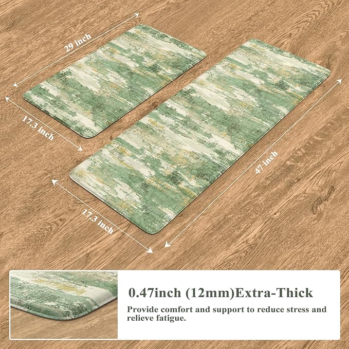 Collive Kitchen Mats Cushioned Anti Fatigue, Modern Abstract Non Slip Kitchen Floor Mat Waterproof Green Sink Rug 2 Piece, Comfort Desk Standing Rugs for Bedroom, Office, Laundry, 17"x29"+17"x47"