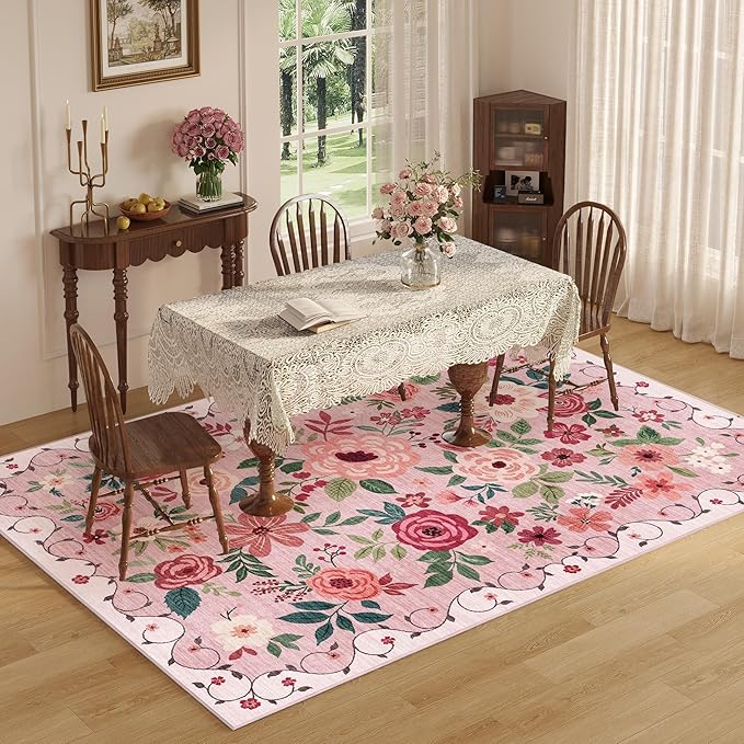 DUKINO 5x7 Area Rug, Nursery Floral Rugs for Living Room, Lightweight Non Slip Washable Rug, Indoor Low Pile & Non-Shedding Boho Design Rugs for Girls Bedroom, Kids Playroom, Dining Room, Pink