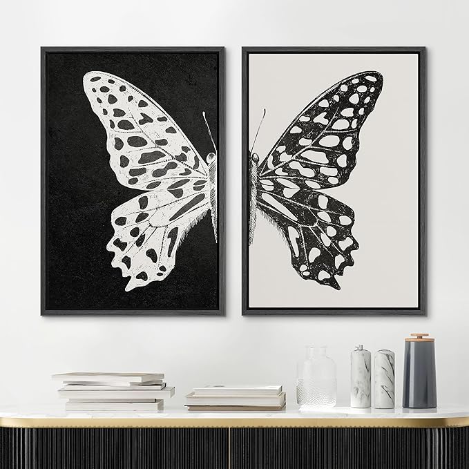MUDECOR Framed Canvas Wall Art Black and White Butterfly Prints Minimalist Modern Art Boho Wall Decor for Bedroom - 16"x24"x2 Black