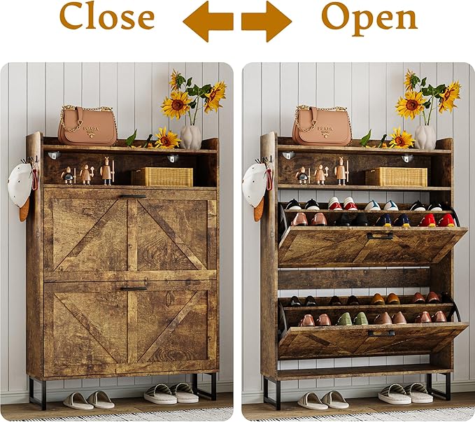 Shoe Cabinet with 2 Flip Drawers, 45" Freestanding Narrow Wood Shoe Storage Cabinet with Metal Legs and Hooks, Slim Shoe Rack Organizer for Entryway, Hallway, Brown