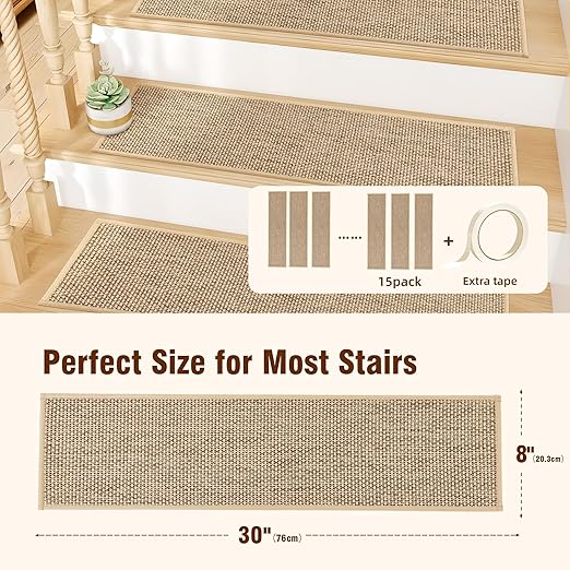 Deerly Linen Stair Treads Non Slip 15pcs Stair Runner for Wooden Steps Peel and Stick Stairs Carpet Treads Indoor Staircase Covers Mat with Self-Adhesive Backing for Pets and Kids 8"X30" Beige